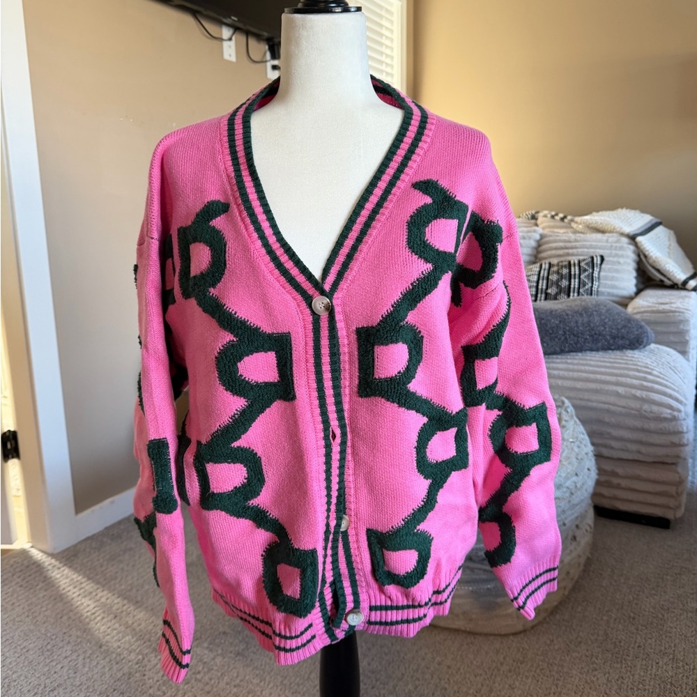 Pretty Garden Pink Patterned Button-Front Sweater Cardigan